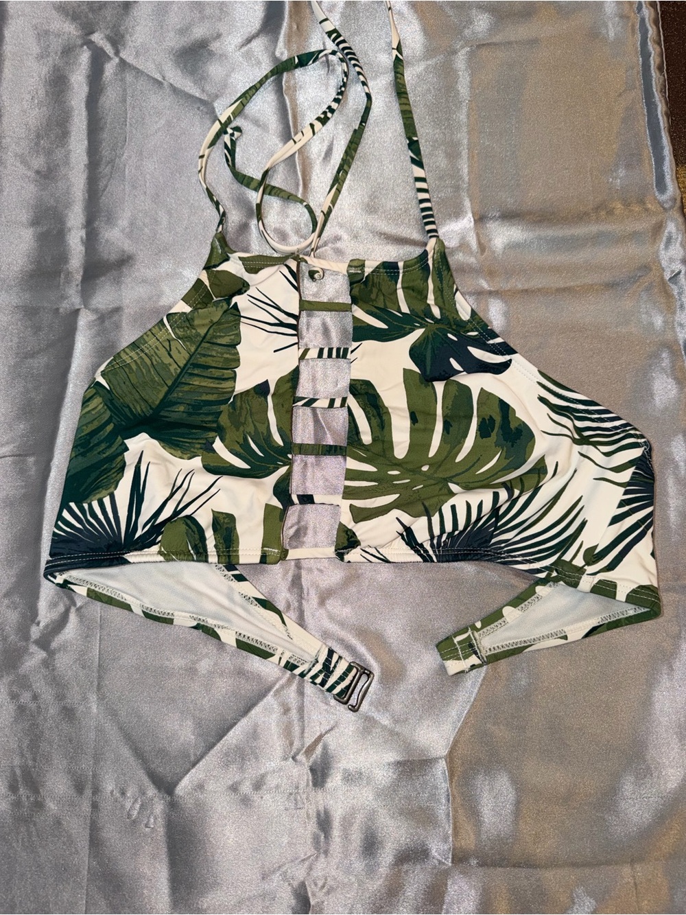 The Bikini Lab Green and White Tropical Leaf High-Neck Crop Top
